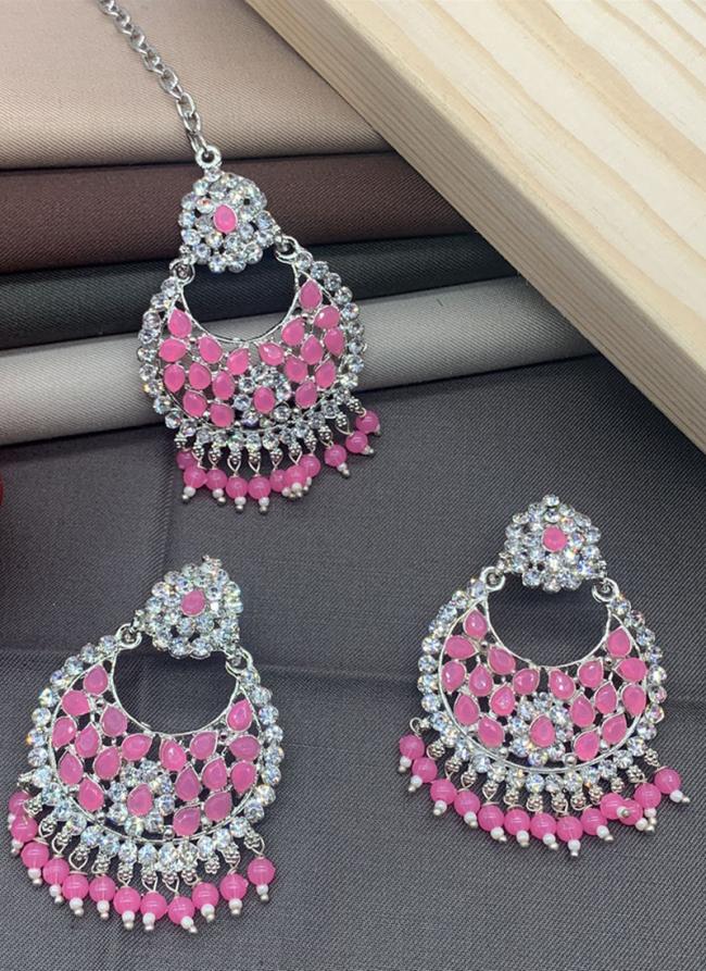 Pink Meenkari Earrings With Maang Tikka